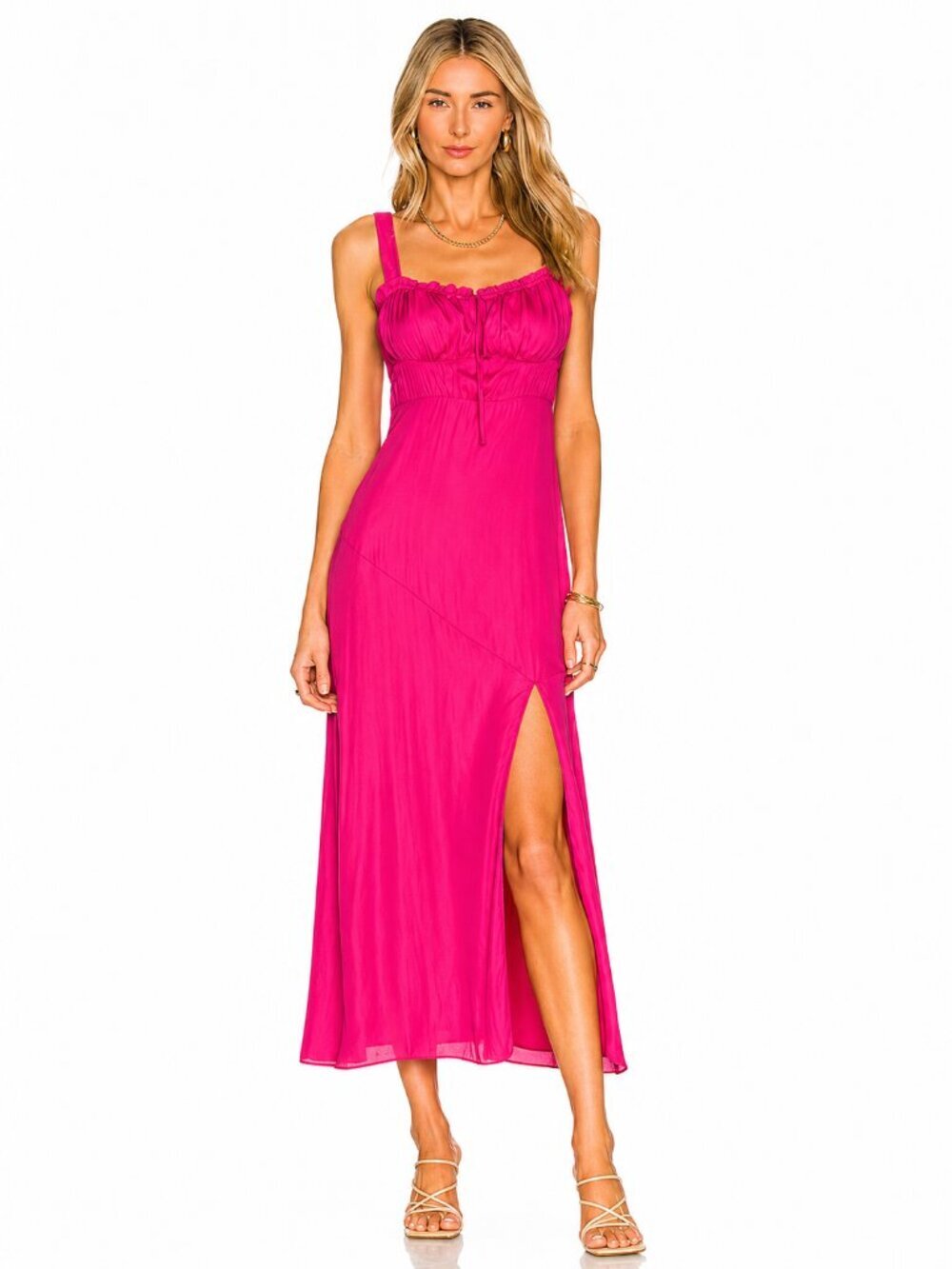 Revolve Line & Dot Brooke Midi Dress Ruched Bust Side Slit Hot Pink Size XS